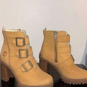 Timberland Women's Buckle Strap Heeled Boots - Tan